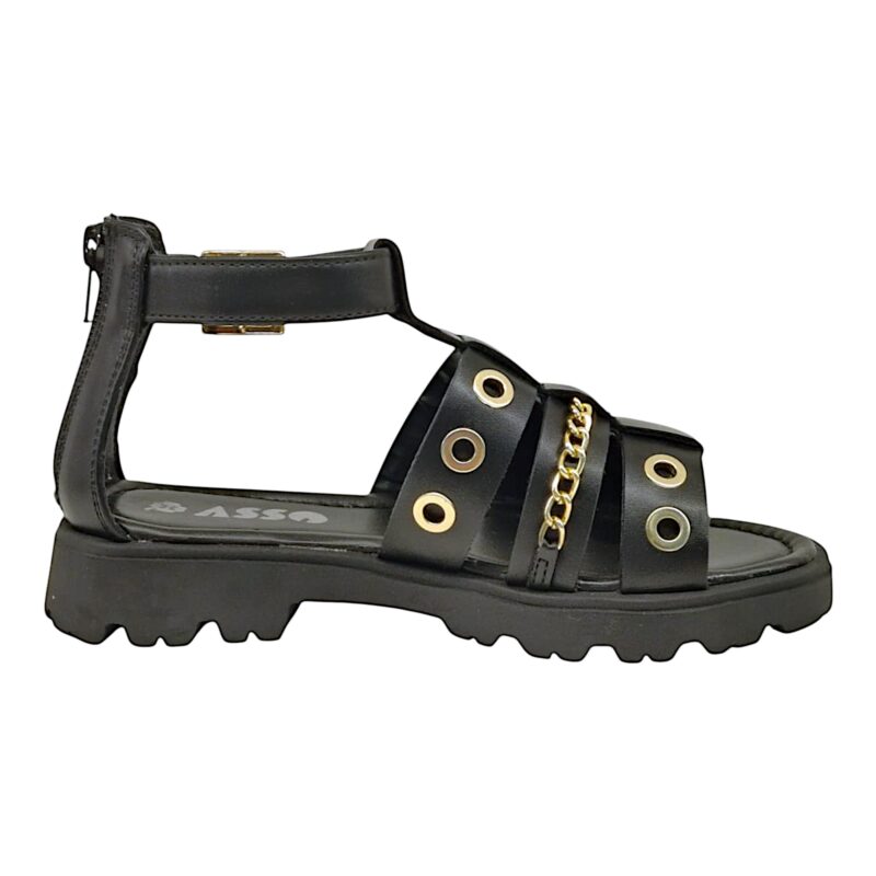 Sandalo nero con lampo posteriore, fibbia alla caviglia, fasce con borchiette e catenella oro - Asso