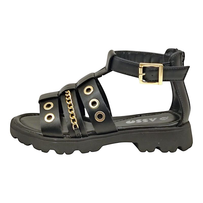 Sandalo nero con lampo posteriore, fibbia alla caviglia, fasce con borchiette e catenella oro - Asso