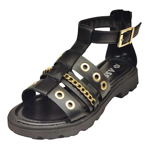 Sandalo nero con lampo posteriore, fibbia alla caviglia, fasce con borchiette e catenella oro - Asso