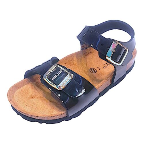 Sandalo nero lucido per bambina tipo Birkenstock con fibbie dorate – Grünland