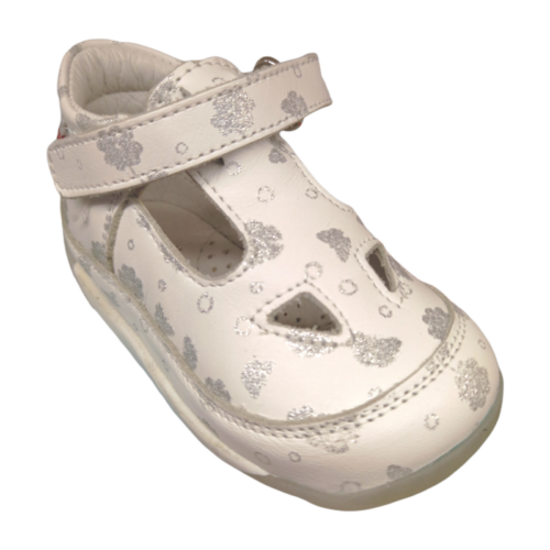 Sandalo occhietto per bambina San Diego bianco con fiori, farfalle argento glitter e strappo – Falcotto