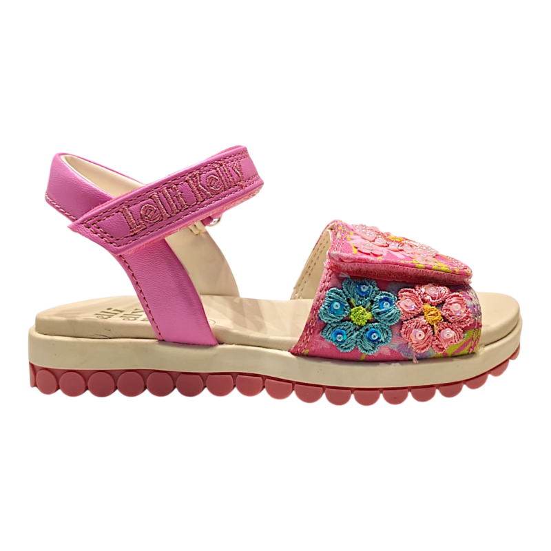 Sandalo per bambina Eloise fucsia con decorazioni floreali multicolor e velcro su fascia frontale – Lelli Kelly 2 Sandalo per bambina Eloise fucsia con decorazioni floreali multicolor e velcro su fascia frontale – Lelli Kelly