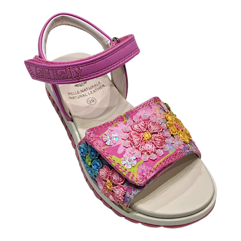 Sandalo per bambina Eloise fucsia con decorazioni floreali multicolor e velcro su fascia frontale – Lelli Kelly 1 Sandalo per bambina Eloise fucsia con decorazioni floreali multicolor e velcro su fascia frontale – Lelli Kelly