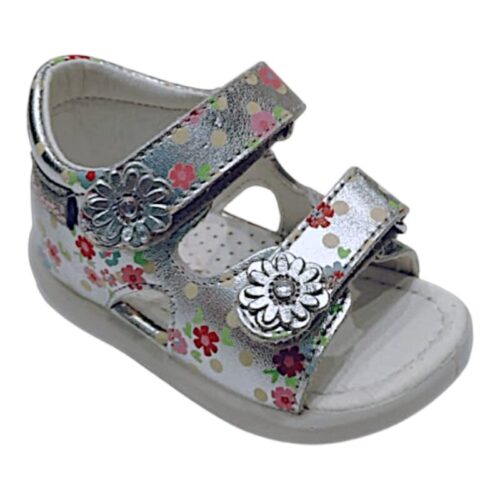 Sandalo per bambina Namib argento con fiori multicolor e doppio strappo – Falcotto