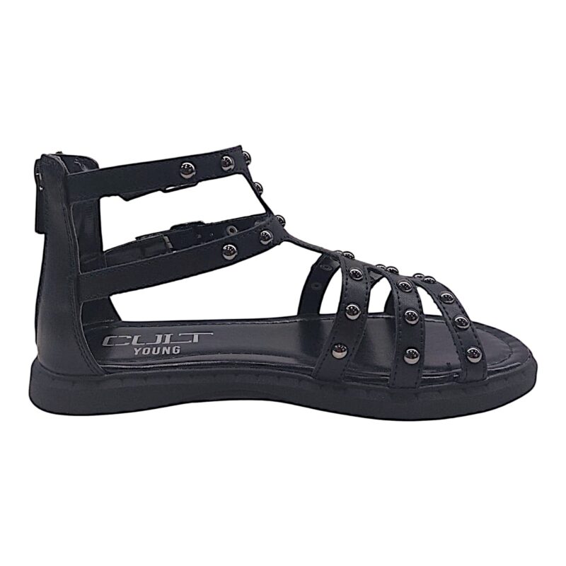 Sandalo per bambina malaga nero con borchie e zip (suola bassa) - Cult