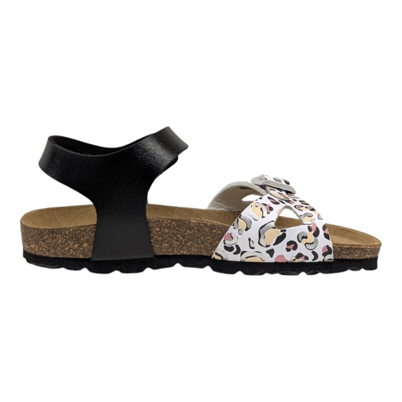 Sandalo per bambina nero-bianco maculato con strappo e fibbia - Grunland