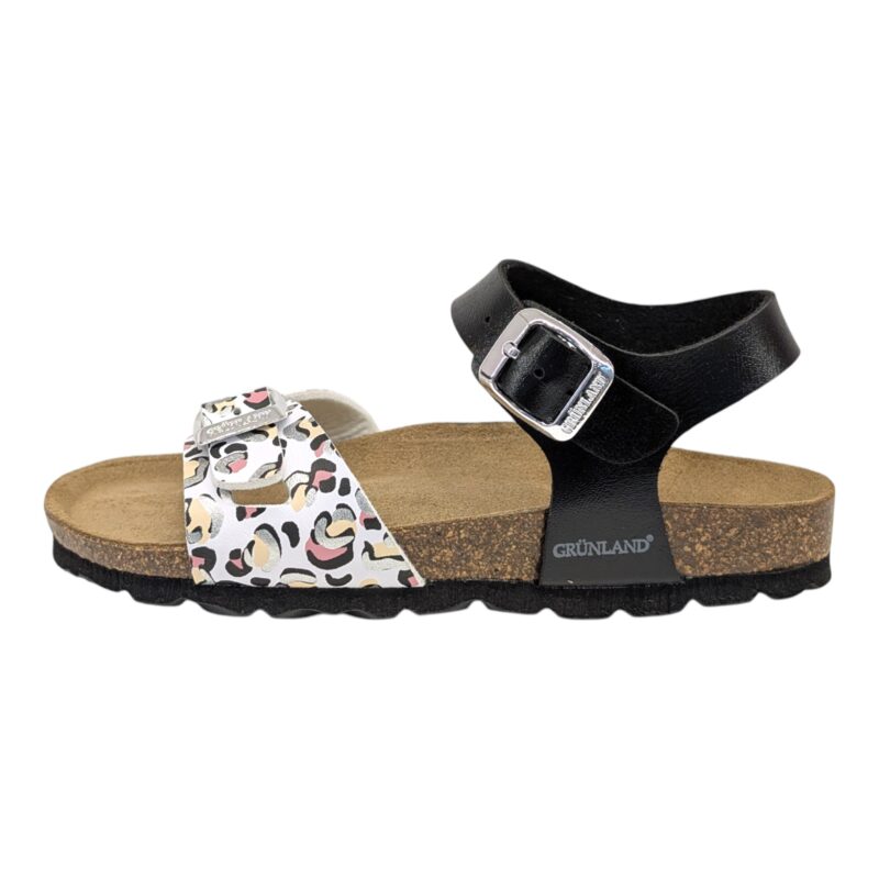 Sandalo per bambina nero-bianco maculato con strappo e fibbia - Grunland