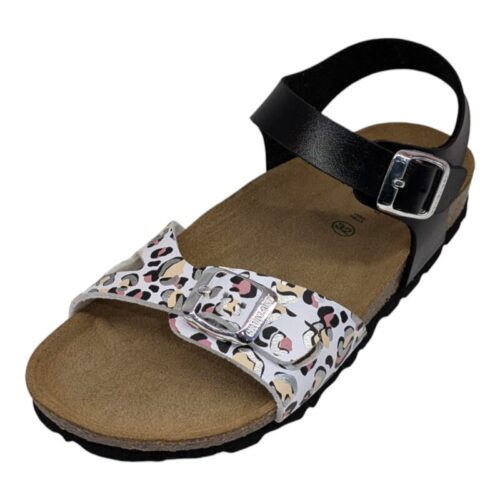 Sandalo per bambina nero-bianco maculato con strappo e fibbia - Grunland