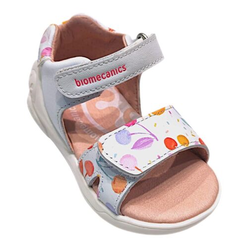 Sandalo per bambina primi passi in pelle bianca con ciliegie multicolor, strappo frontale e alla caviglia – Biomecanics