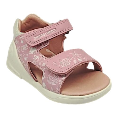 Sandalo per bambina primi passi in pelle rosa-bianco con pesciolini, strappo frontale e alla caviglia – Biomecanics