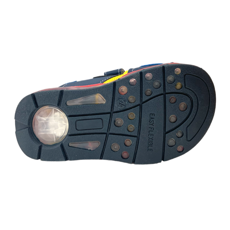 Sandalo per bambino Hot Wheels Red-Navy-Yellow con luci, doppio strappo frontale e strappo sul tallone – Easy Shoes 5 Sandalo per bambino Hot Wheels Red-Navy-Yellow con luci, doppio strappo frontale e strappo sul tallone