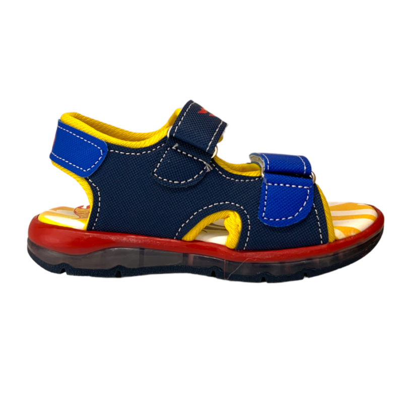Sandalo per bambino Hot Wheels Red-Navy-Yellow con luci, doppio strappo frontale e strappo sul tallone – Easy Shoes 2 Sandalo per bambino Hot Wheels Red-Navy-Yellow con luci, doppio strappo frontale e strappo sul tallone