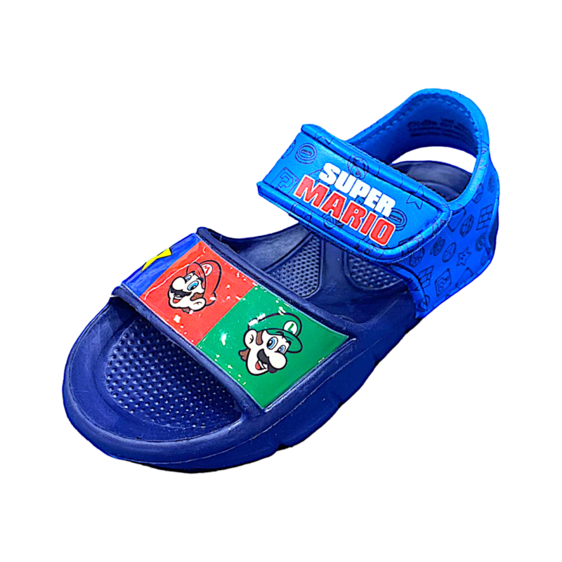 Sandalo in gomma per bambino Super Mario blu-multicolor con strappo – FLA Europe 1 Sandalo per bambino Super Mario blu-multicolor con strappo – FLA Europe