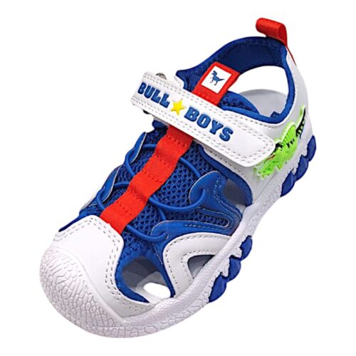 Sandalo per bambino bianco-blu con spinosauro e strappo – Bull Boys