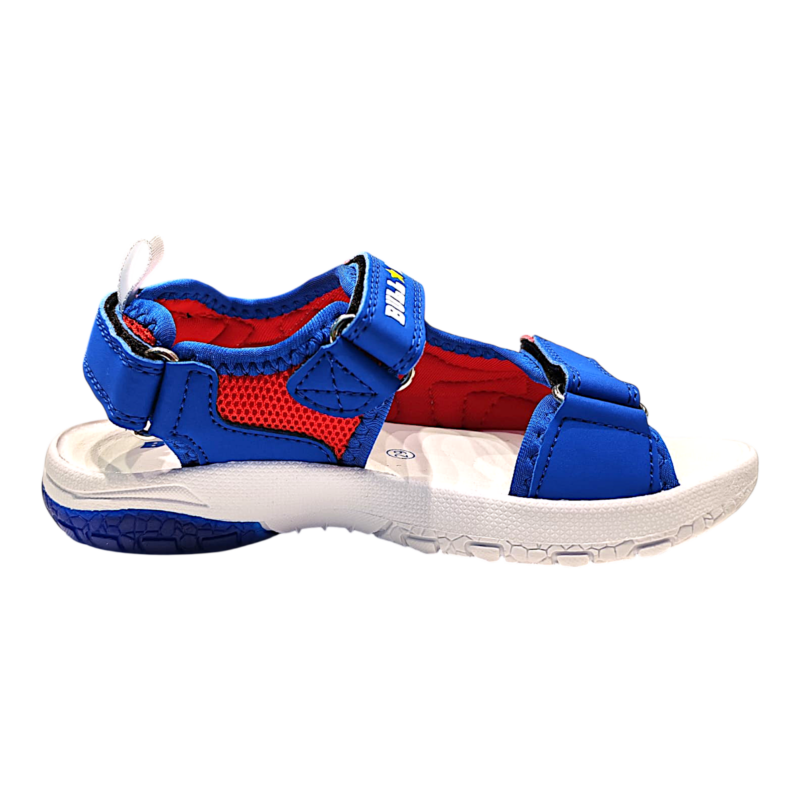 Sandalo per bambino con scheletro T-Rex royal blue-red-white con tre strappi e luci – Bull Boys 2 Sandalo per bambino con scheletro T-Rex royal blue-red-white con tre strappi e luci – Bull Boys