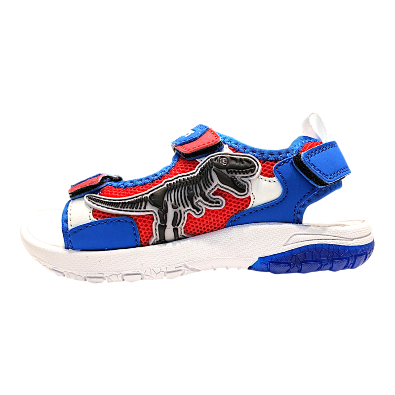 Sandalo per bambino con scheletro T-Rex royal blue-red-white con tre strappi e luci – Bull Boys 3 Sandalo per bambino con scheletro T-Rex royal blue-red-white con tre strappi e luci – Bull Boys