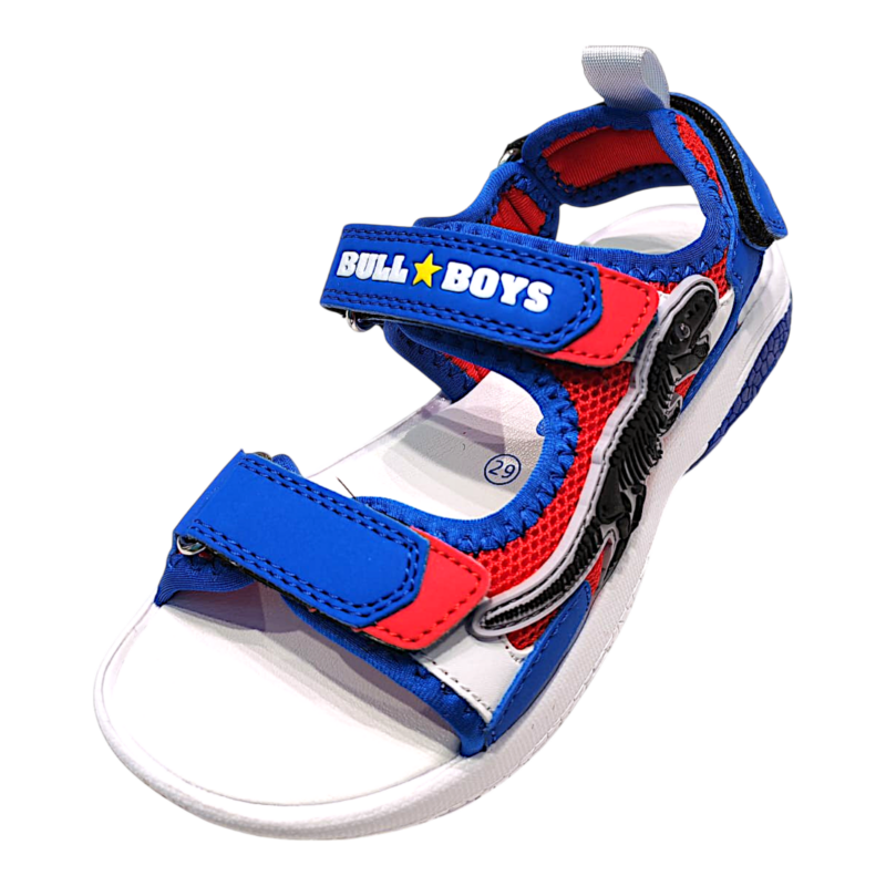 Sandalo per bambino con scheletro T-Rex royal blue-red-white con tre strappi e luci – Bull Boys 1 Sandalo per bambino con scheletro T-Rex royal blue-red-white con tre strappi e luci – Bull Boys