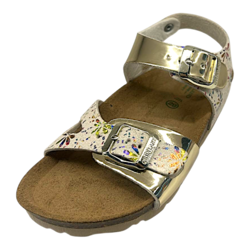 Sandalo platino per bambina tipo Birkenstock con fantasia floreale multicolore e fibbie dorate – Grünland