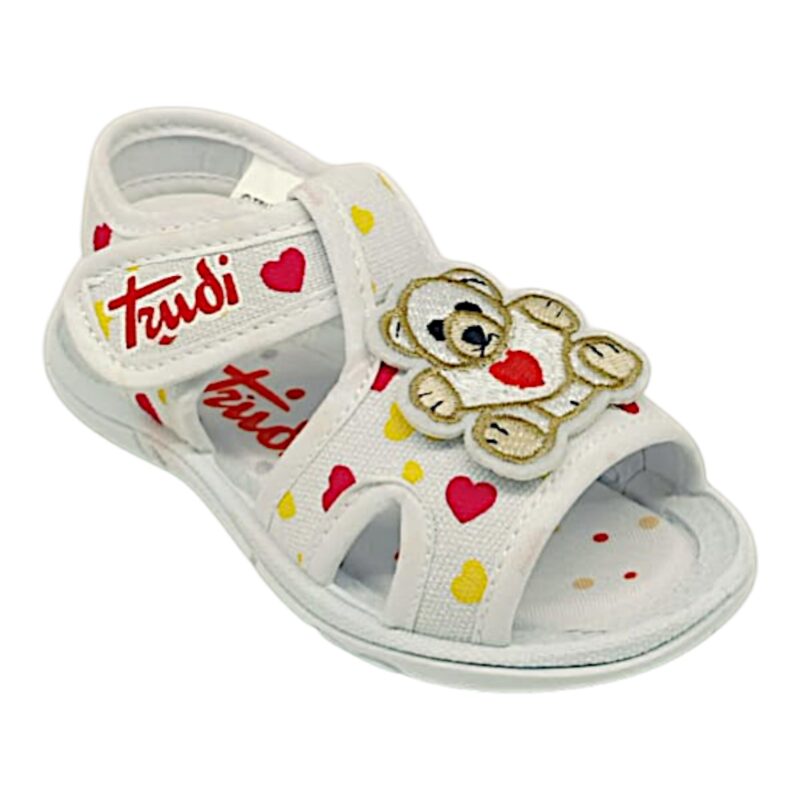 Sandalo primi passi Trudi school bianco con orsetto, cuoricini e apertura a strappo – Easy Shoes 1 Sandalo primi passi Trudi school bianco con orsetto, cuoricini e apertura a strappo– Easy Shoes