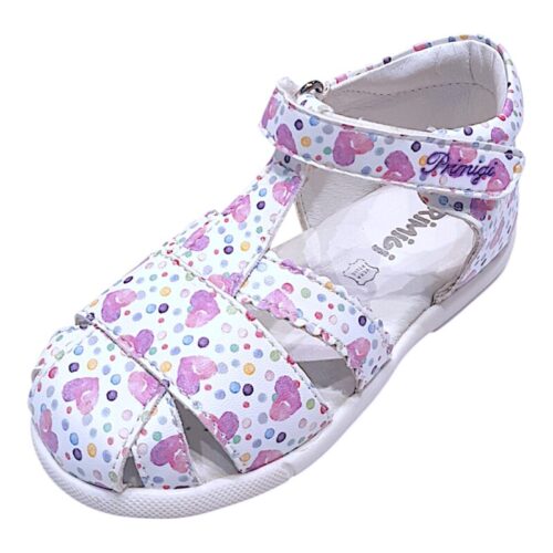 Sandalo primi passi bambina in pelle con cuori e pois bianchi e viola – Primigi