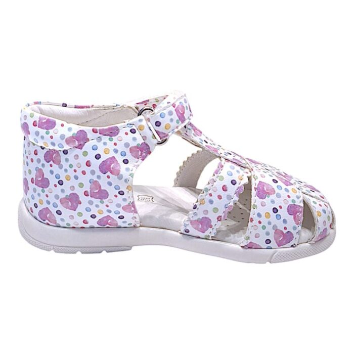 Sandalo primi passi bambina in pelle con cuori e pois bianchi e viola – Primigi