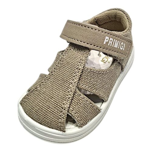 Sandalo primi passi beige in tessuto per bambino modello occhietti con strappo