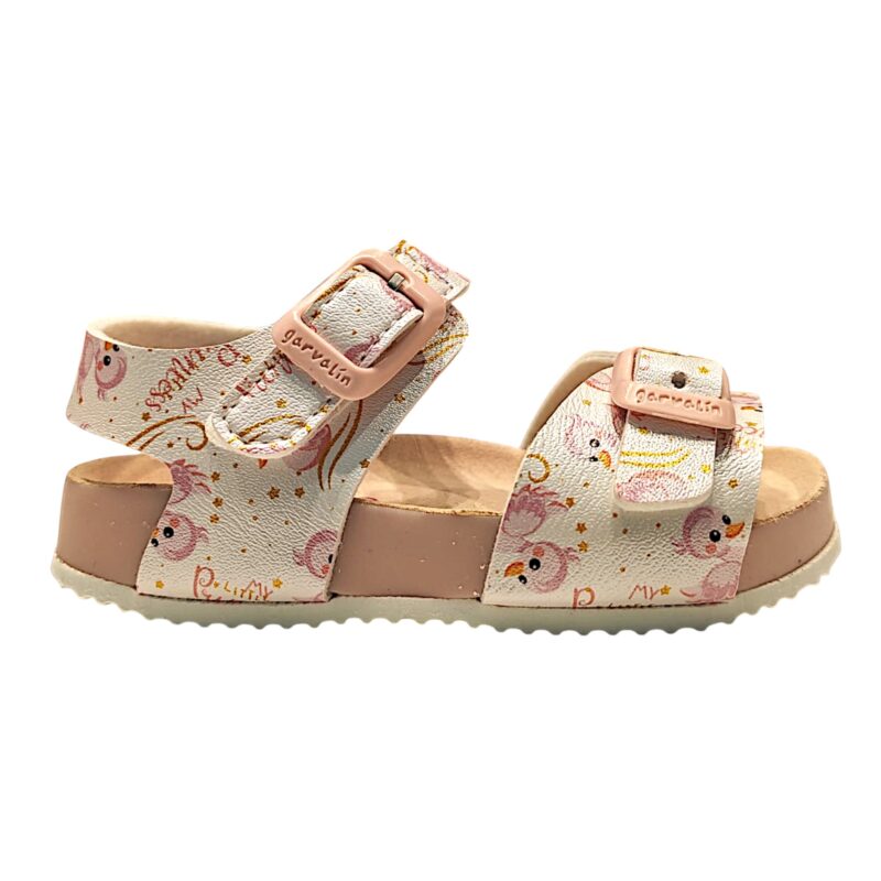 Sandalo primi passi bianco metallizzato per bambina con disegni di paperelle rosa "My Little Princess", strappo alla caviglia e fibbia frontale – Garvalín 2 Sandalo primi passi bianco metallizzato per bambina con disegni di paperelle rosa My Little Princess, strappo alla caviglia e fibbia frontale – Garvalín