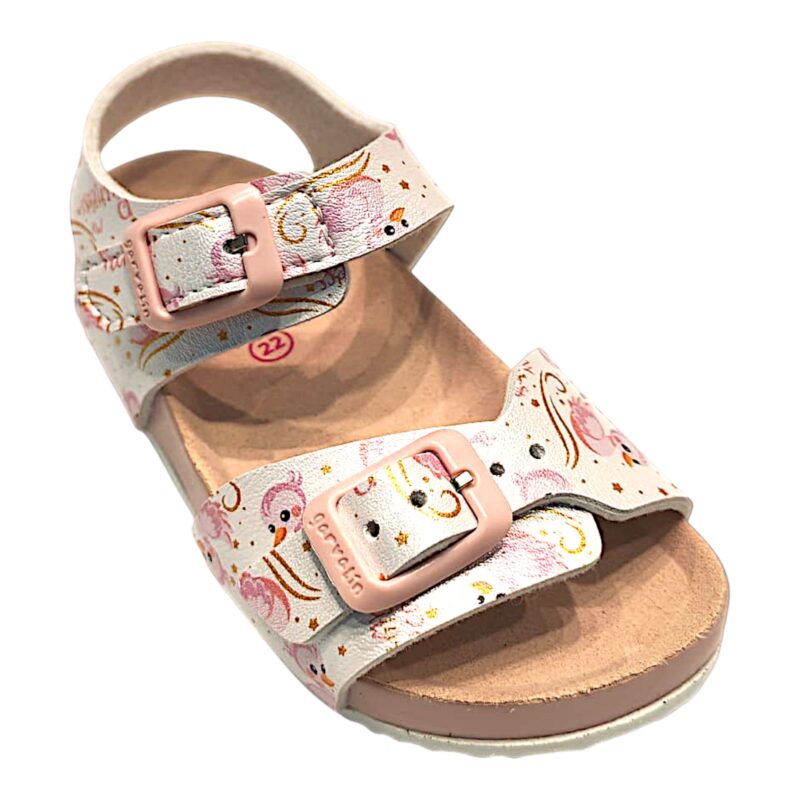 Sandalo primi passi bianco metallizzato per bambina con disegni di paperelle rosa "My Little Princess", strappo alla caviglia e fibbia frontale – Garvalín 1 Sandalo primi passi bianco metallizzato per bambina con disegni di paperelle rosa My Little Princess, strappo alla caviglia e fibbia frontale – Garvalín