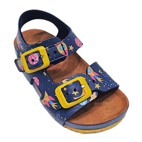 Sandalo primi passi blu-multicolor per bambino, con fantasia a tema spaziale, strappo alla caviglia e fibbia frontale – Garvalín 2 Sandalo primi passi blu-multicolor per bambino, con fantasia a tema spaziale, strappo alla caviglia e fibbia frontale – Garvalín
