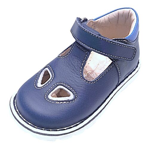 Sandalo primi passi per bambino blu-grigio con occhietti e strappo - Rossano