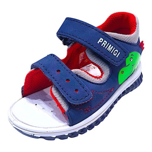 Sandalo primi passi per bambino navy-rosso con dinosauro verde e doppi strappi - Primigi