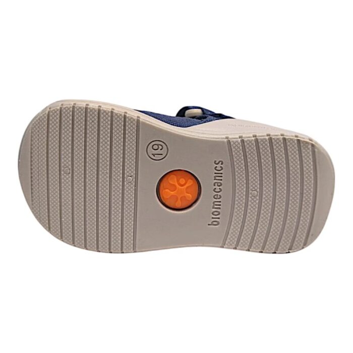 Sandalo ragnetto bambino in tessuto blu petrolio-beige con dinosauro e strappo - Biomecanics
