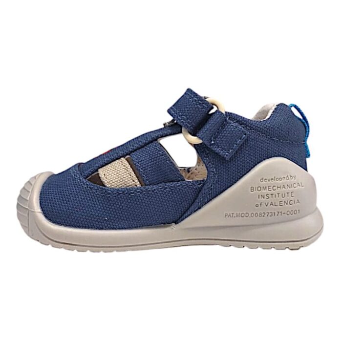 Sandalo ragnetto bambino in tessuto blu petrolio-beige con dinosauro e strappo - Biomecanics