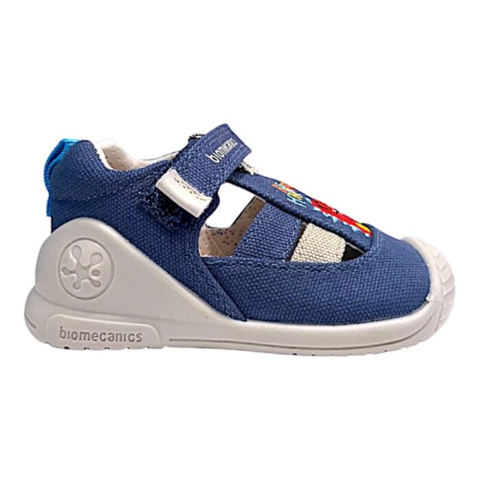 Sandalo ragnetto bambino in tessuto blu petrolio-beige con dinosauro e strappo - Biomecanics