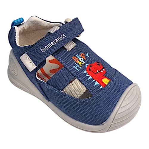 Sandalo ragnetto bambino in tessuto blu petrolio-beige con dinosauro e strappo - Biomecanics