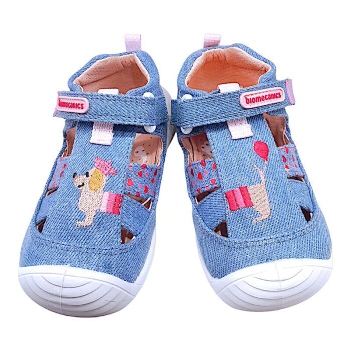Sandalo ragnetto bimba in tessuto celeste-jeans con cagnolino e cuoricini - Biomecanics