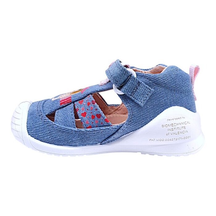 Sandalo ragnetto bimba in tessuto celeste-jeans con cagnolino e cuoricini - Biomecanics
