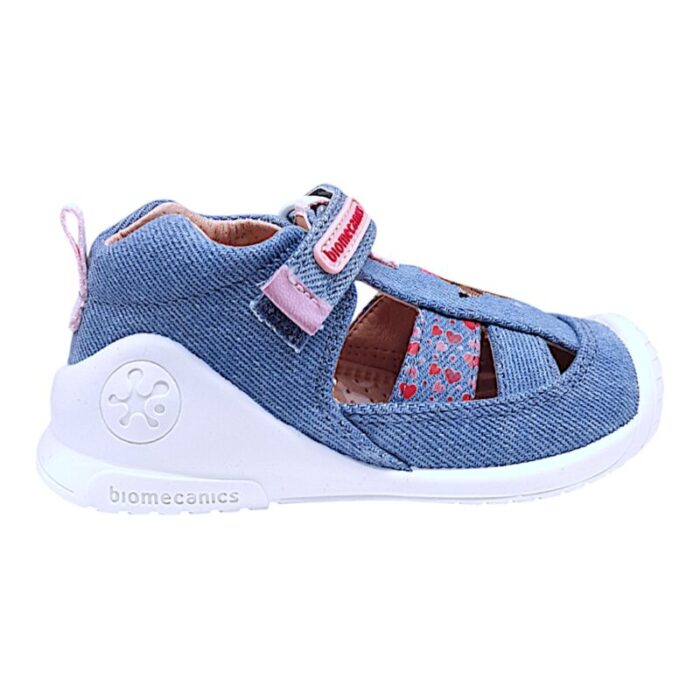 Sandalo ragnetto bimba in tessuto celeste-jeans con cagnolino e cuoricini - Biomecanics