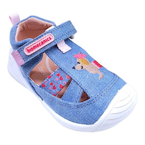 Sandalo ragnetto bimba in tessuto celeste-jeans con cagnolino e cuoricini - Biomecanics
