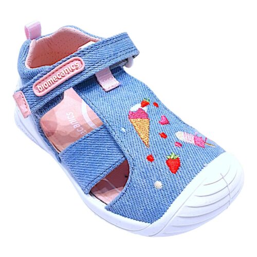 Sandalo ragnetto bimba in tessuto jeans-rosa con immagine gelati e strappo - Biomecanics