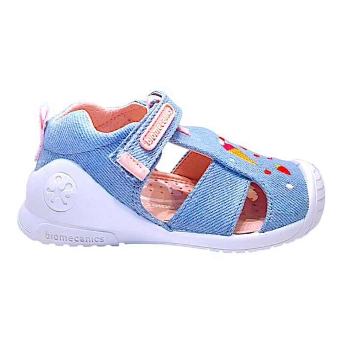 Sandalo ragnetto bimba in tessuto jeans-rosa con immagine gelati e strappo - Biomecanics