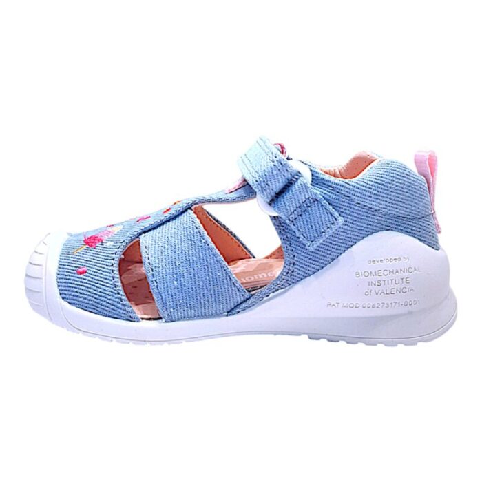 Sandalo ragnetto bimba in tessuto jeans-rosa con immagine gelati e strappo - Biomecanics