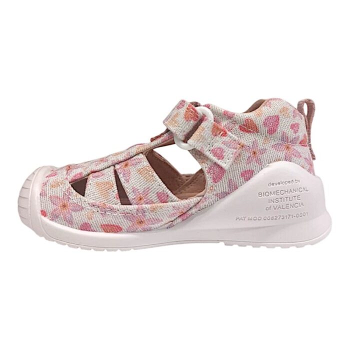 Sandalo ragnetto bimba primi passi bianco glitter con cuori e fiori rosa multicolore – Biomecanics