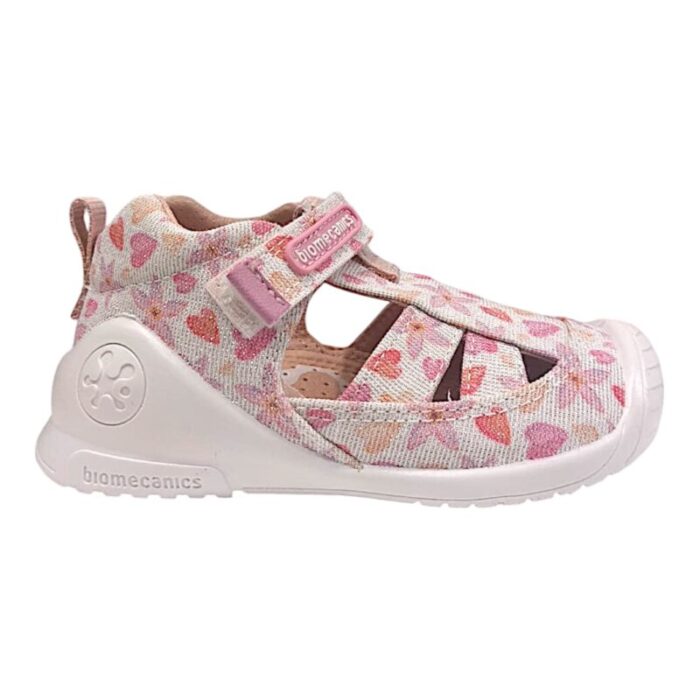 Sandalo ragnetto bimba primi passi bianco glitter con cuori e fiori rosa multicolore – Biomecanics