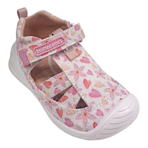 Sandalo ragnetto bimba primi passi bianco glitter con cuori e fiori rosa multicolore – Biomecanics