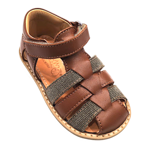 Sandalo ragnetto color cuoio per bambino con inserti in tessuto verde oliva e chiusura a strappo – Rossano