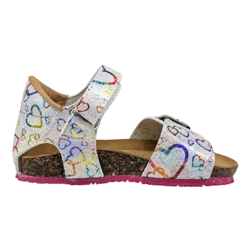 Sandalo rosa bianco con cuori multicolor metallico e fibbie – BioNatura