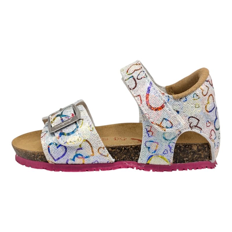 Sandalo rosa bianco con cuori multicolor metallico e fibbie – BioNatura