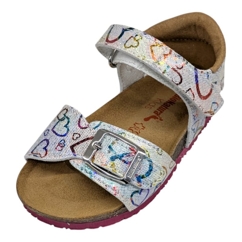 Sandalo rosa bianco con cuori multicolor metallico e fibbie – BioNatura