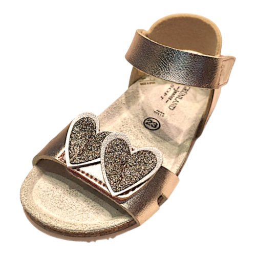 Sandalo rosa cipria metallizzato per bambina tipo Birkenstock con cuori glitter  su fascia frontale e apertura a strappo – Grünland
